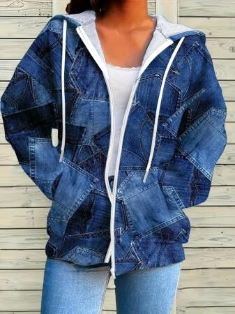 Kadın Uzun Kollu Kapşonlu Fermuarlı Kot Desenli Bağcıklı Modal Ceket - ANGELINO BuyukBedeniz