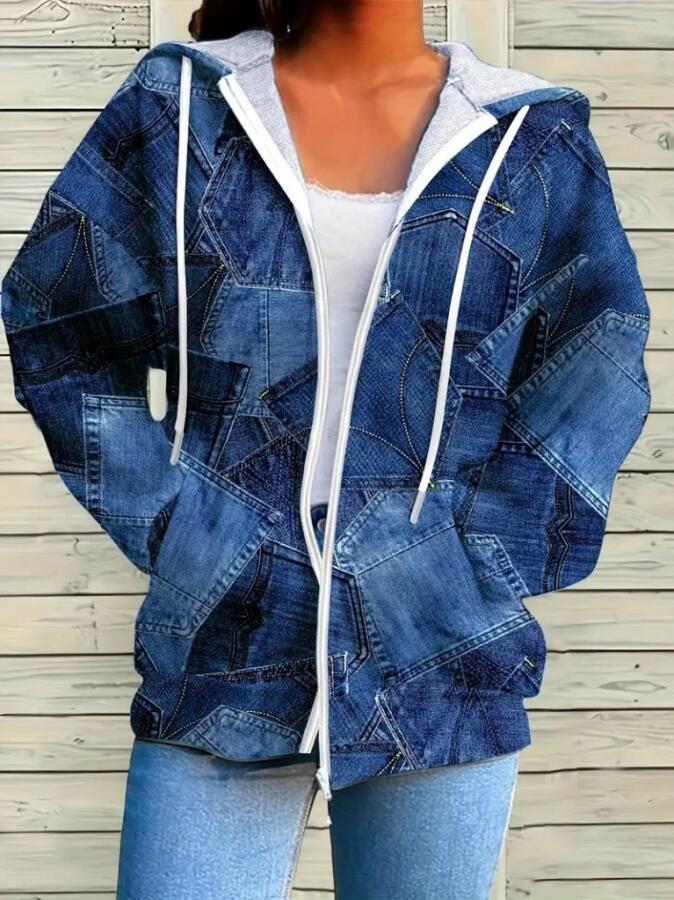 Kadın Uzun Kollu Kapşonlu Fermuarlı Kot Desenli Bağcıklı Modal Ceket - 1