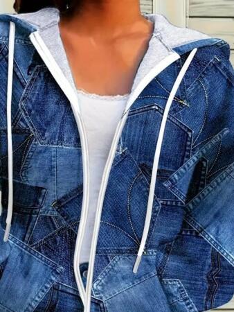 Kadın Uzun Kollu Kapşonlu Fermuarlı Kot Desenli Bağcıklı Modal Ceket - ANGELINO BuyukBedeniz (1)