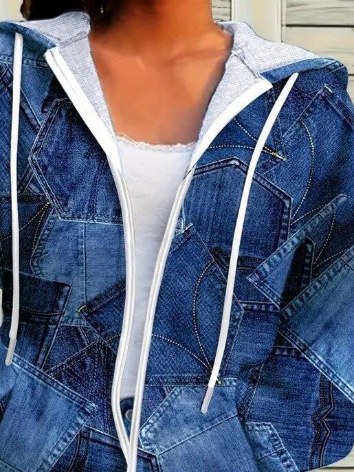 Kadın Uzun Kollu Kapşonlu Fermuarlı Kot Desenli Bağcıklı Modal Ceket - 2