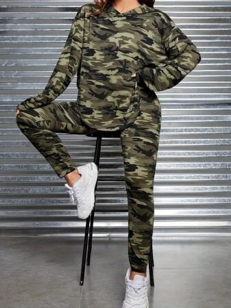 Kadın Uzun Kollu Kapşonlu Kamuflaj Desenli Bluz Ve Pantolon Tayt Ikili Takım - 5