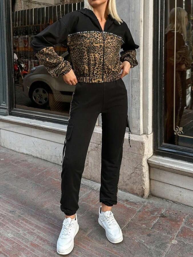 Kadın Uzun Kollu Kapşonlu Leopar Desenli Viskon Iki Iplik Bluz Ve Pantolon Ikili Takım - 4