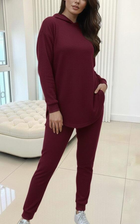 Kadın Uzun Kollu Kapşonlu Meloni Bluz Ve Pantolon Ikili Takım - 2