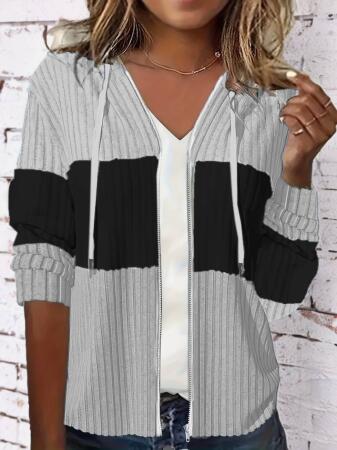 Kadın Uzun Kollu Kapşonlu önden Fermuarlı Blok Desenli şardonlu Kaşkorse Ceket - ANGELINO BuyukBedeniz