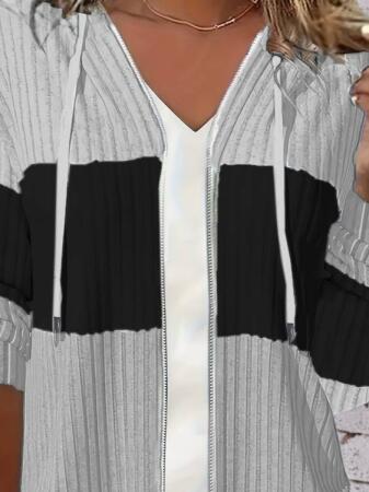 Kadın Uzun Kollu Kapşonlu önden Fermuarlı Blok Desenli şardonlu Kaşkorse Ceket - ANGELINO BuyukBedeniz (1)