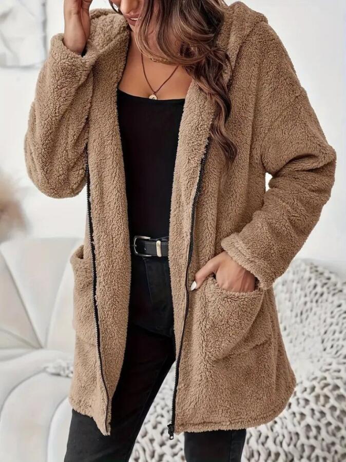 Kadın Uzun Kollu Kapşonlu önden Fermuarlı Cepli Welsoft Ceket - 1