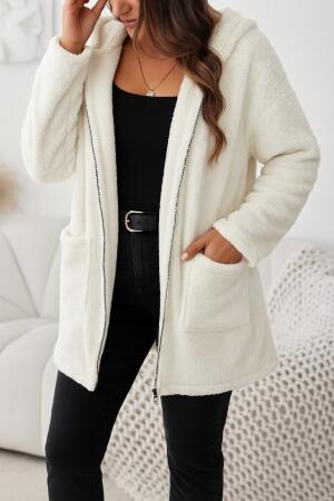 Kadın Uzun Kollu Kapşonlu önden Fermuarlı Cepli Welsoft Ceket - ANGELINO BuyukBedeniz