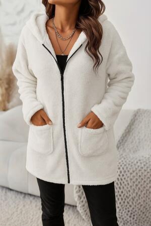 Kadın Uzun Kollu Kapşonlu önden Fermuarlı Cepli Welsoft Ceket - ANGELINO BuyukBedeniz (1)