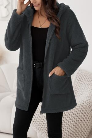 Kadın Uzun Kollu Kapşonlu önden Fermuarlı Cepli Welsoft Ceket - ANGELINO BuyukBedeniz