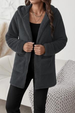 Kadın Uzun Kollu Kapşonlu önden Fermuarlı Cepli Welsoft Ceket - ANGELINO BuyukBedeniz (1)