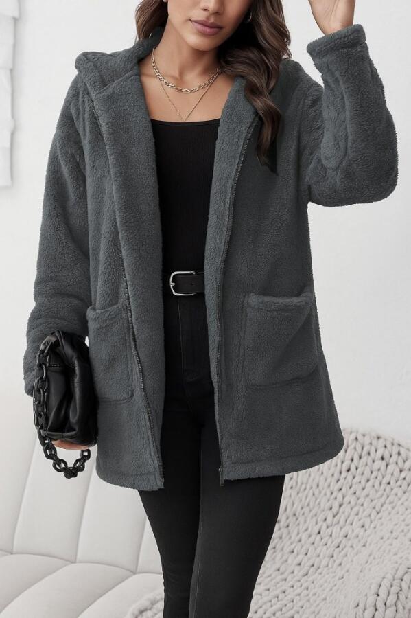 Kadın Uzun Kollu Kapşonlu önden Fermuarlı Cepli Welsoft Ceket - 3