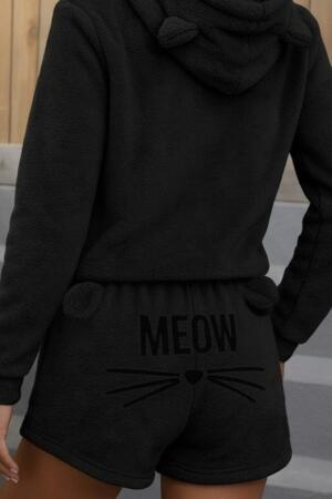 Kadın Uzun Kollu Kapşonlu Peluş Bluz Ve Kısa Short Ikili Takım - ANGELINO BuyukBedeniz (1)