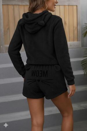 Kadın Uzun Kollu Kapşonlu Peluş Bluz Ve Kısa Short Ikili Takım - 3