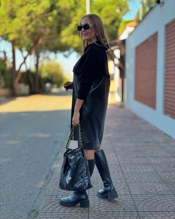 Kadın Uzun Kollu Kapüşon Ve Deri Detay Diz üstü Elbise - 2