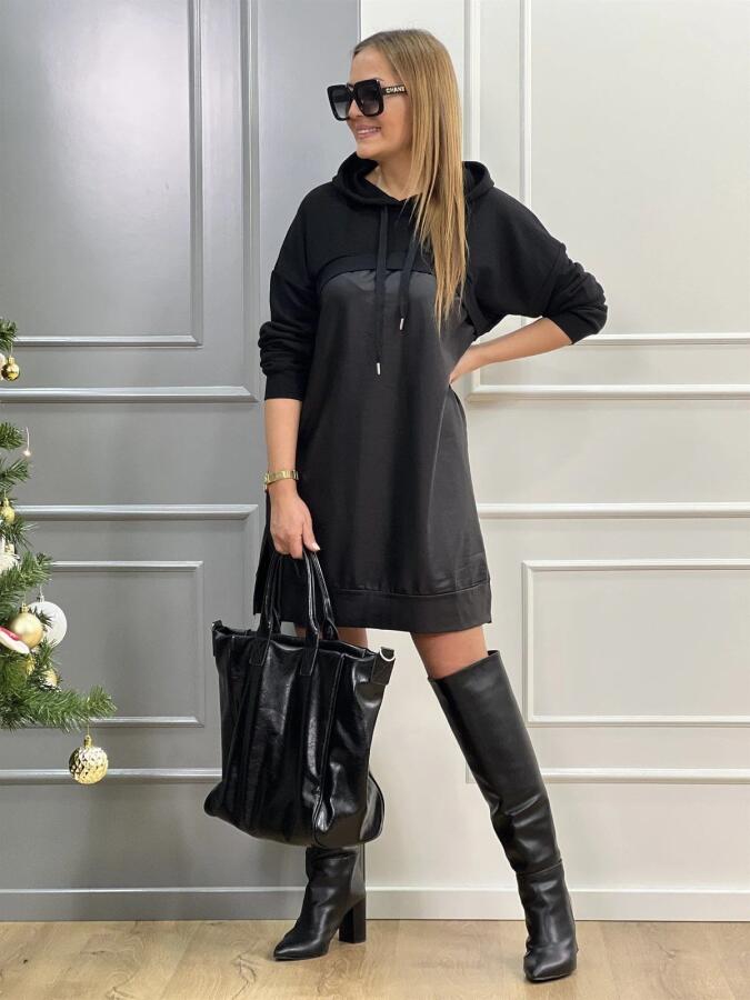 Kadın Uzun Kollu Kapüşon Ve Deri Detay Diz üstü Elbise - 6