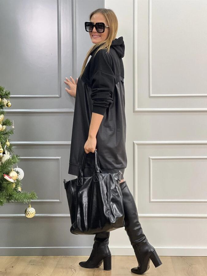 Kadın Uzun Kollu Kapüşon Ve Deri Detay Diz üstü Elbise - 7