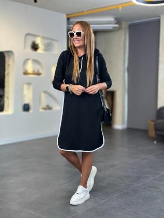 Kadın Uzun Kollu Kapüşon Ve Ribana Detay Diz üstü Elbise - ANGELINO BuyukBedeniz