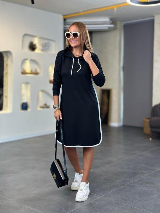 Kadın Uzun Kollu Kapüşon Ve Ribana Detay Diz üstü Elbise - 3