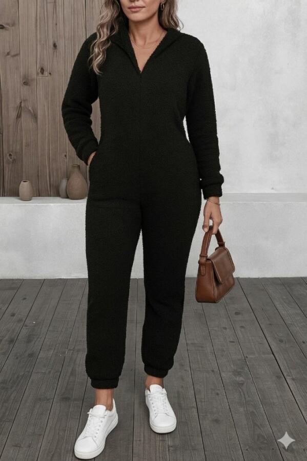 Kadın Uzun Kollu Kapüşonlu Tavşan Kulak Detaylı Peluş Tulum - 1