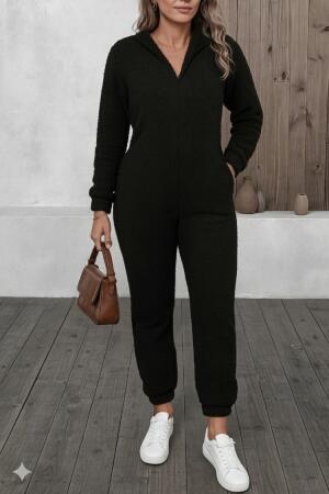 Kadın Uzun Kollu Kapüşonlu Tavşan Kulak Detaylı Peluş Tulum - 3