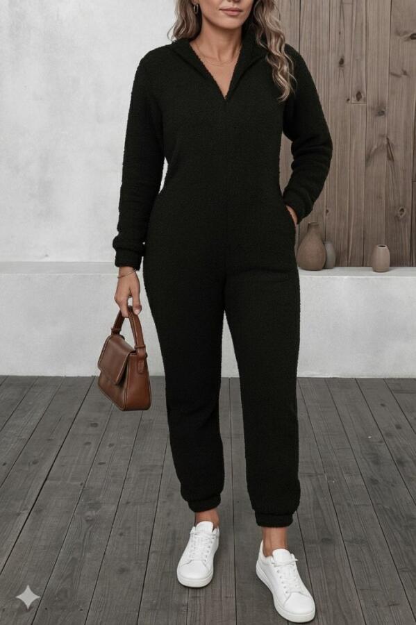 Kadın Uzun Kollu Kapüşonlu Tavşan Kulak Detaylı Peluş Tulum - 3