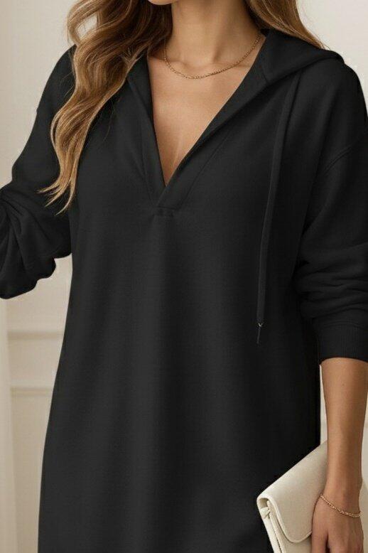 Kadın Uzun Kollu Kapüşonlu Yakası Açık Modal Elbise - 2