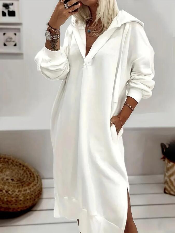 Kadın Uzun Kollu Kapüşonlu Yakası Açık Modal Elbise - 3