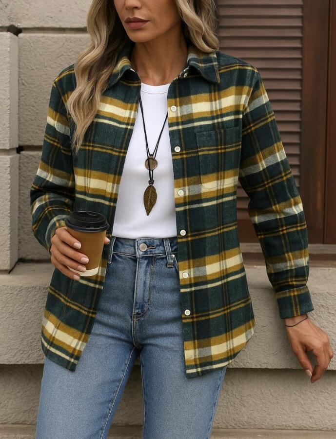 Kadın Uzun Kollu Kare Desenli önden Düğmeli Dokuma Gömlek - 1