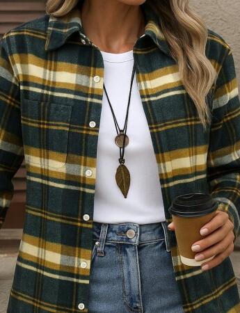 Kadın Uzun Kollu Kare Desenli önden Düğmeli Dokuma Gömlek - ANGELINO BuyukBedeniz (1)