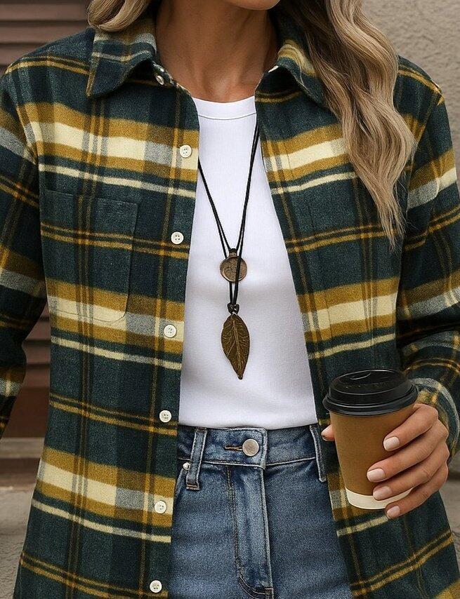 Kadın Uzun Kollu Kare Desenli önden Düğmeli Dokuma Gömlek - 2