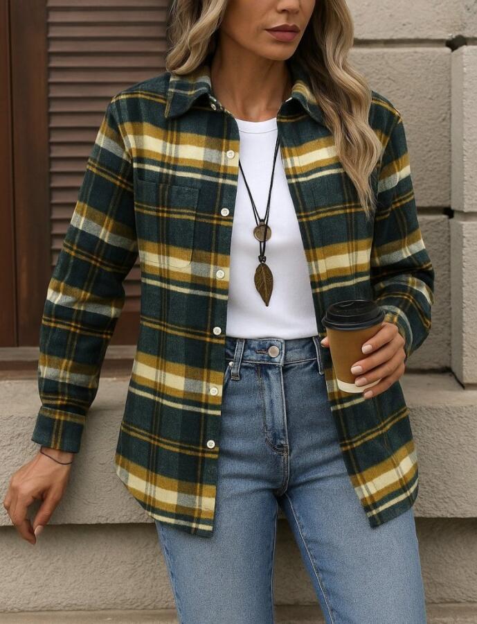 Kadın Uzun Kollu Kare Desenli önden Düğmeli Dokuma Gömlek - 3