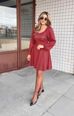 Kadın Uzun Kollu Kare Kalp Yakalı Mini Modal Elbise - 3