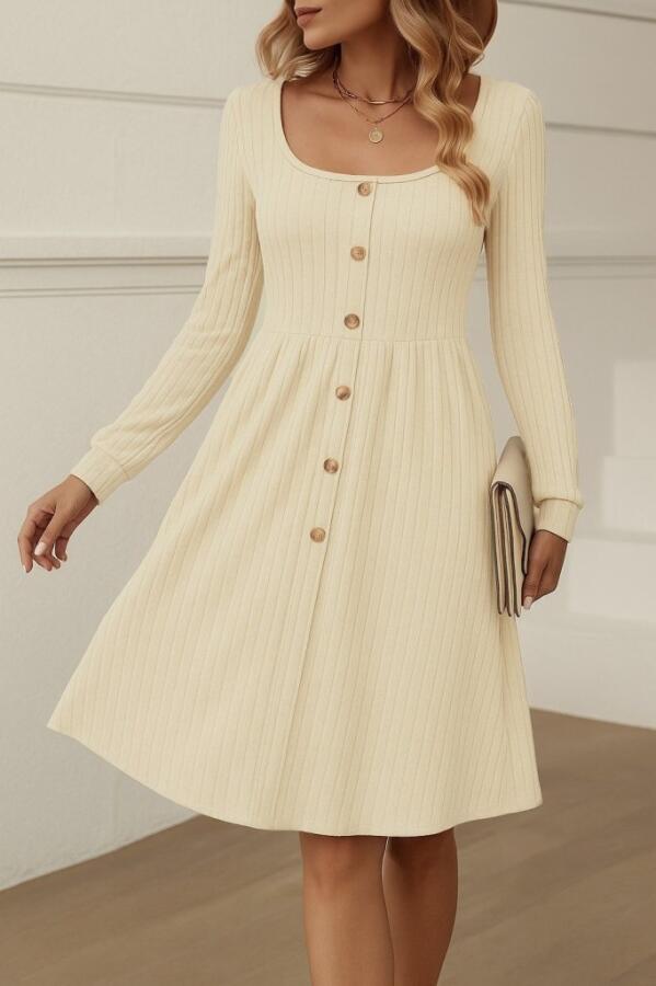 Kadın Uzun Kollu Kare Yaka Düğmeli Kısa şardonlu Iki Iplik Mini Elbise - 2