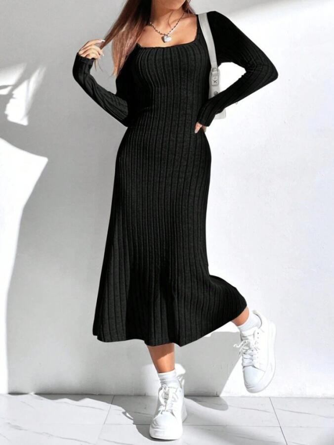 Kadın Uzun Kollu Kare Yaka Midi Kaşkorse Elbise - 1