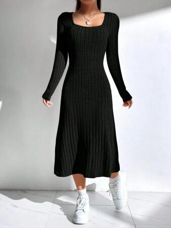 Kadın Uzun Kollu Kare Yaka Midi Kaşkorse Elbise - 4