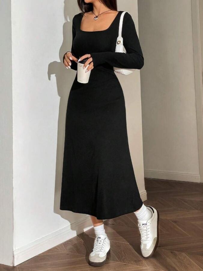 Kadın Uzun Kollu Kare Yaka Midi Kaşkorse Elbise - 5