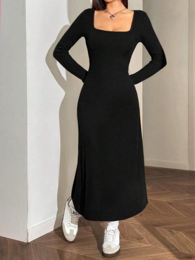 Kadın Uzun Kollu Kare Yaka Midi Kaşkorse Elbise - 6