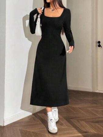 Kadın Uzun Kollu Kare Yaka Midi Kaşkorse Elbise - 7