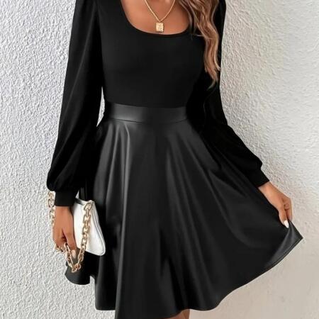 Kadın Uzun Kollu Kare Yaka üst Viskon Alt Deri Mini Elbise - ANGELINO BuyukBedeniz (1)