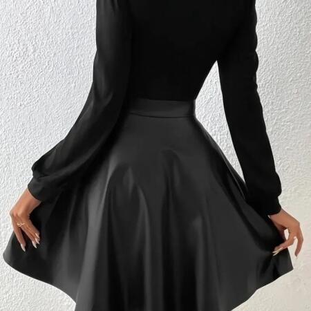 Kadın Uzun Kollu Kare Yaka üst Viskon Alt Deri Mini Elbise - 3