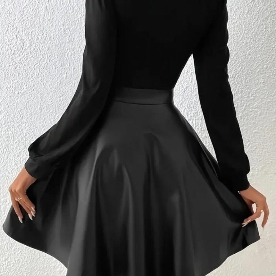 Kadın Uzun Kollu Kare Yaka üst Viskon Alt Deri Mini Elbise - 3