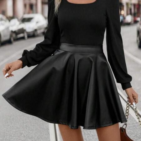 Kadın Uzun Kollu Kare Yaka üst Viskon Alt Deri Mini Elbise - 4