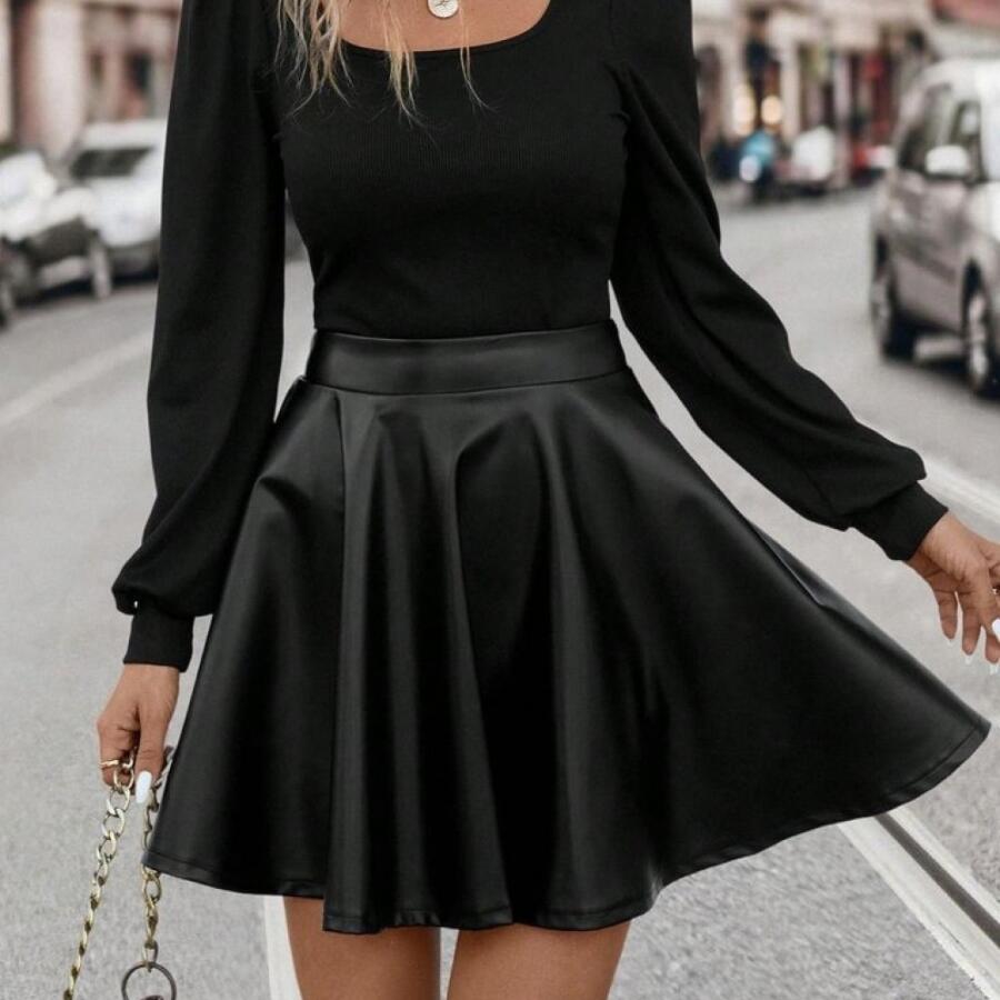 Kadın Uzun Kollu Kare Yaka üst Viskon Alt Deri Mini Elbise - 6