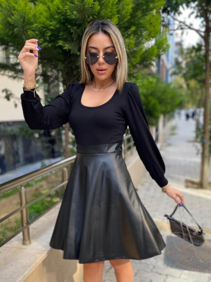 Kadın Uzun Kollu Kare Yaka üst Viskon Alt Deri Mini Elbise - 9