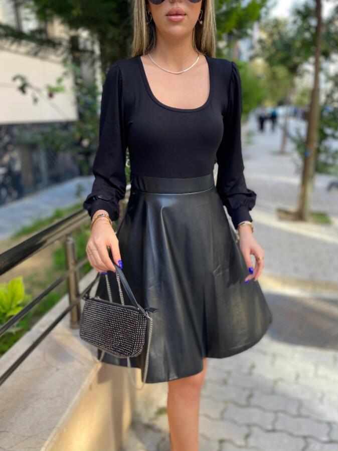 Kadın Uzun Kollu Kare Yaka üst Viskon Alt Deri Mini Elbise - 10