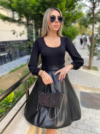 Kadın Uzun Kollu Kare Yaka üst Viskon Alt Deri Mini Elbise - 11