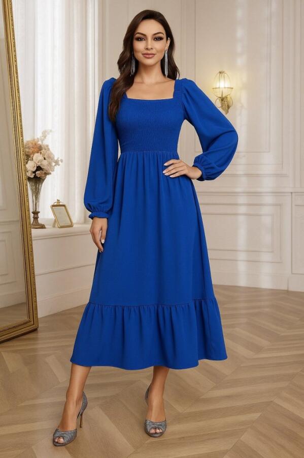 Kadın Uzun Kollu Kare Yakalı Gipeli Uzun Trikoton Elbise - 1