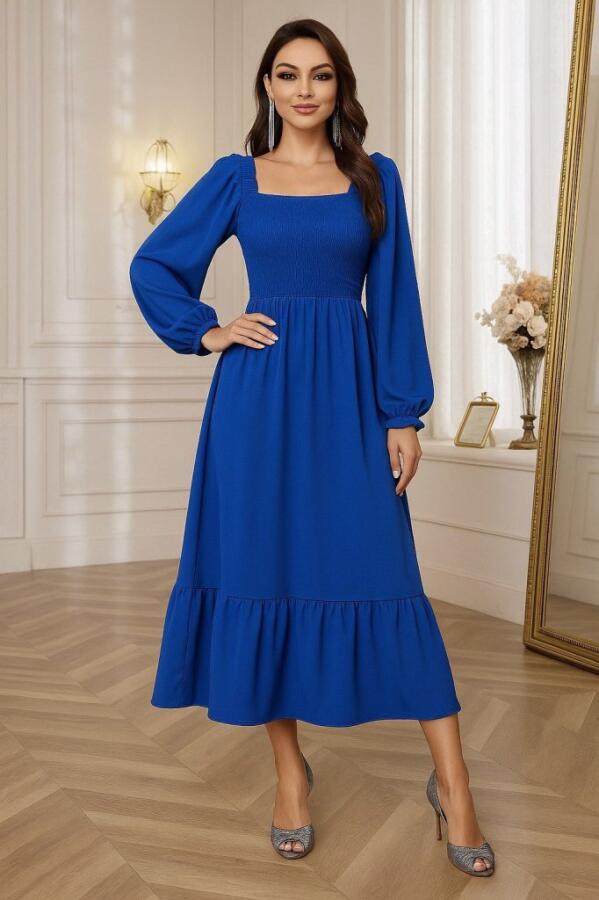 Kadın Uzun Kollu Kare Yakalı Gipeli Uzun Trikoton Elbise - 3