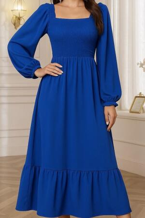 Kadın Uzun Kollu Kare Yakalı Gipeli Uzun Trikoton Elbise - ANGELINO BuyukBedeniz (1)