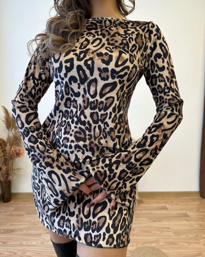 Kadın Uzun Kollu Kayık Yaka Leopar Baskılı Mini Elbise - 1